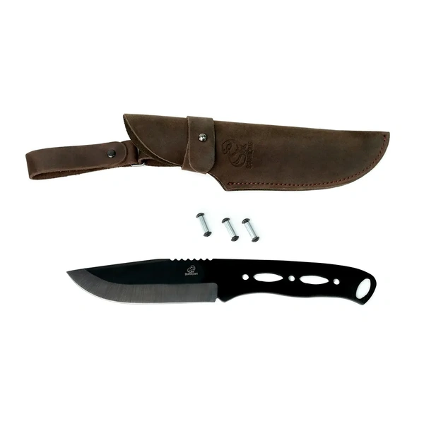 Carbon Steel Blued-Blade Bushcraft Knife with Leather Sheath set