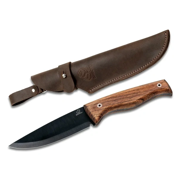 Carbon Steel Blued-Blade Bushcraft Knife Walnut Handle with Leather Sheath