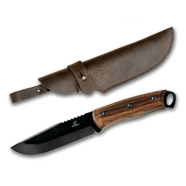 Carbon Steel Blued-Blade Bushcraft Knife Walnut Handle with Leather Sheath