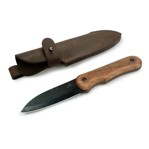 Carbon Steel Blued-Blade Bushcraft Knife Walnut Handle with Leather Sheath