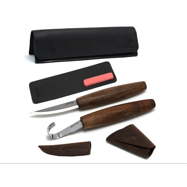 Spoon Carving Tool Set (C4X + SK5RX + honing acc) in Genuine Leather Case