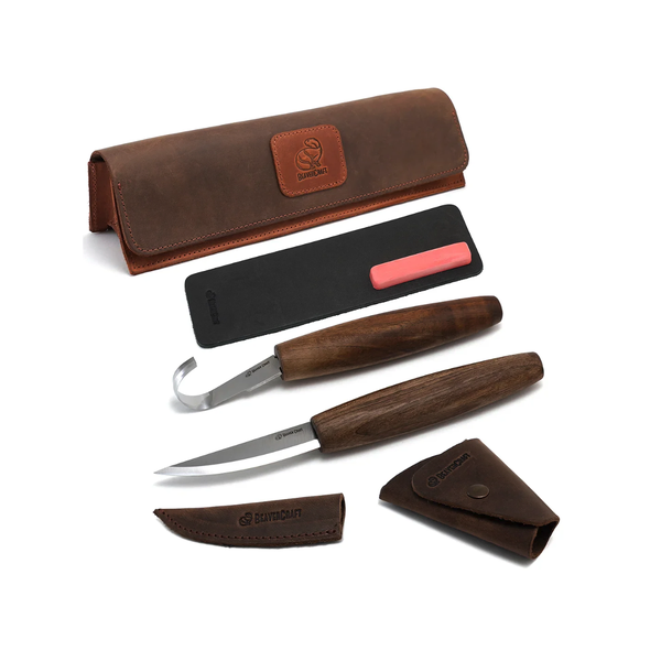 Spoon Carving Tool Set (C4X + SK5RX + honing acc) in Genuine Leather Case