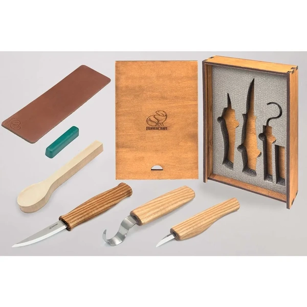Spoon Carving Set in Special Gift-box (3 knives + accessories + spoon blank)