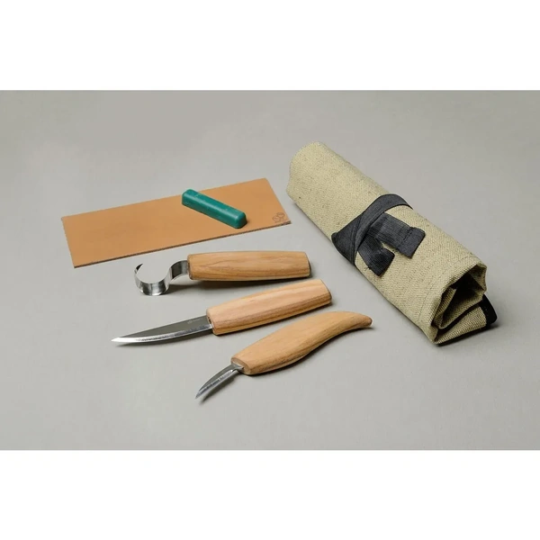 Extended Spoon Carving Set (3 knives in roll + accessories)