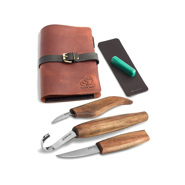 Wood Carving Tool Set for Spoon Carving (C4X+C8X+SK5X+ honing accs) in Genuine Leather