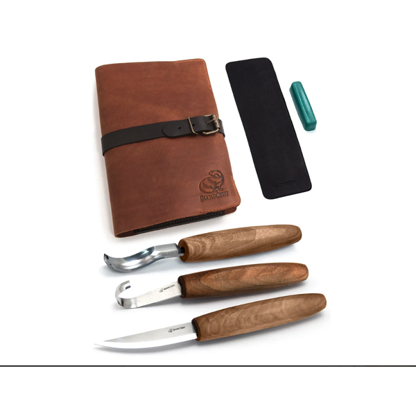Spoon Carving Set with Gouge (SK5RX + K8a/14 + C1X + honing acc) in Genuine Leather Roll