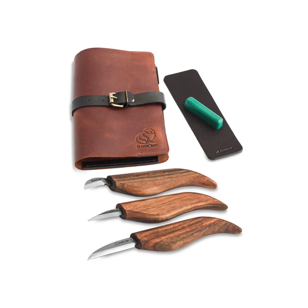 Starter Chip and Whittle Knife Set (C6X + C15X + C16X + honing acc) in Genuine Leather Roll