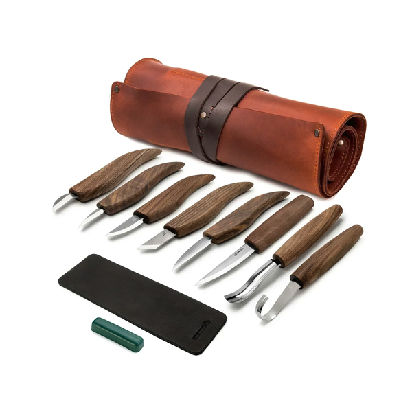 Extended Wood Carving Set (8 tools with Walnut Handles) in Genuine Leather Roll