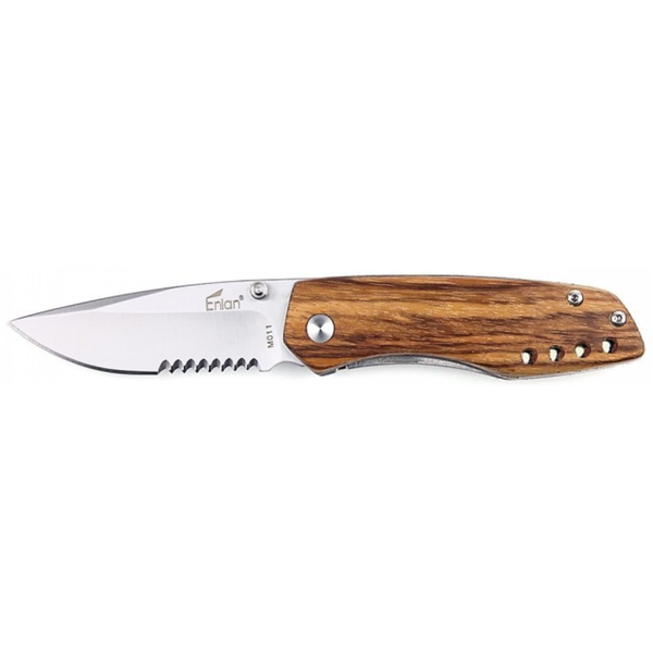 Enlan Zebra Wood Folding Knife Half Serrated Steel Blade M011B