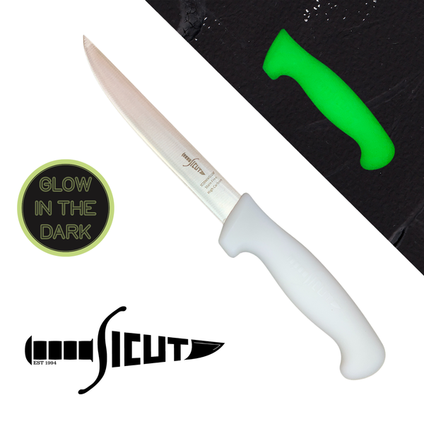 SICUT Wide Blade Boning Knife with 6" Blade with White Handle SC1BN6W
