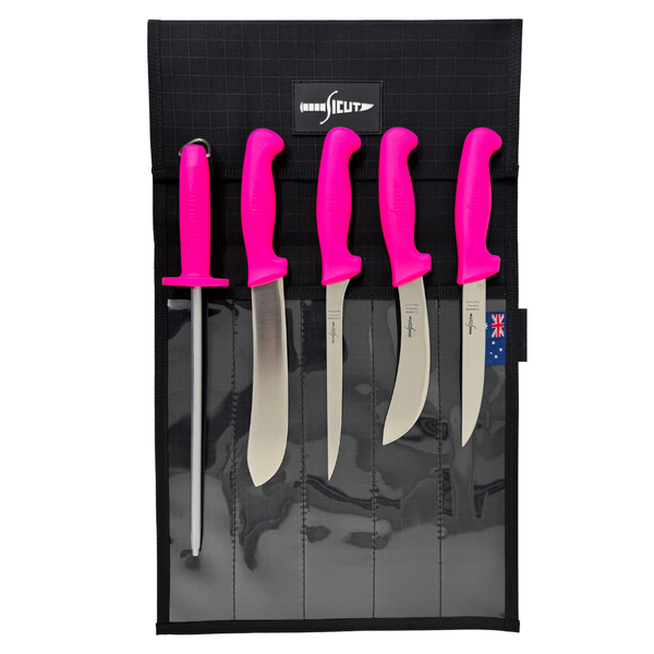 SICUT All Purpose Knife Package – 5 Piece Set with Canvas Wrap – Pink Handles SCKPAPPINK