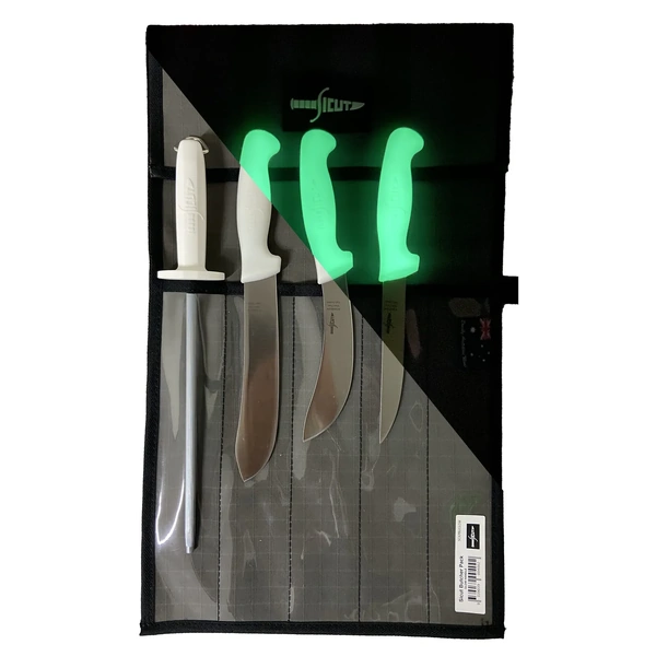 SICUT 4 Piece Butchers Knife Package GLOW IN THE DARK Handle SCKPBUGLOW